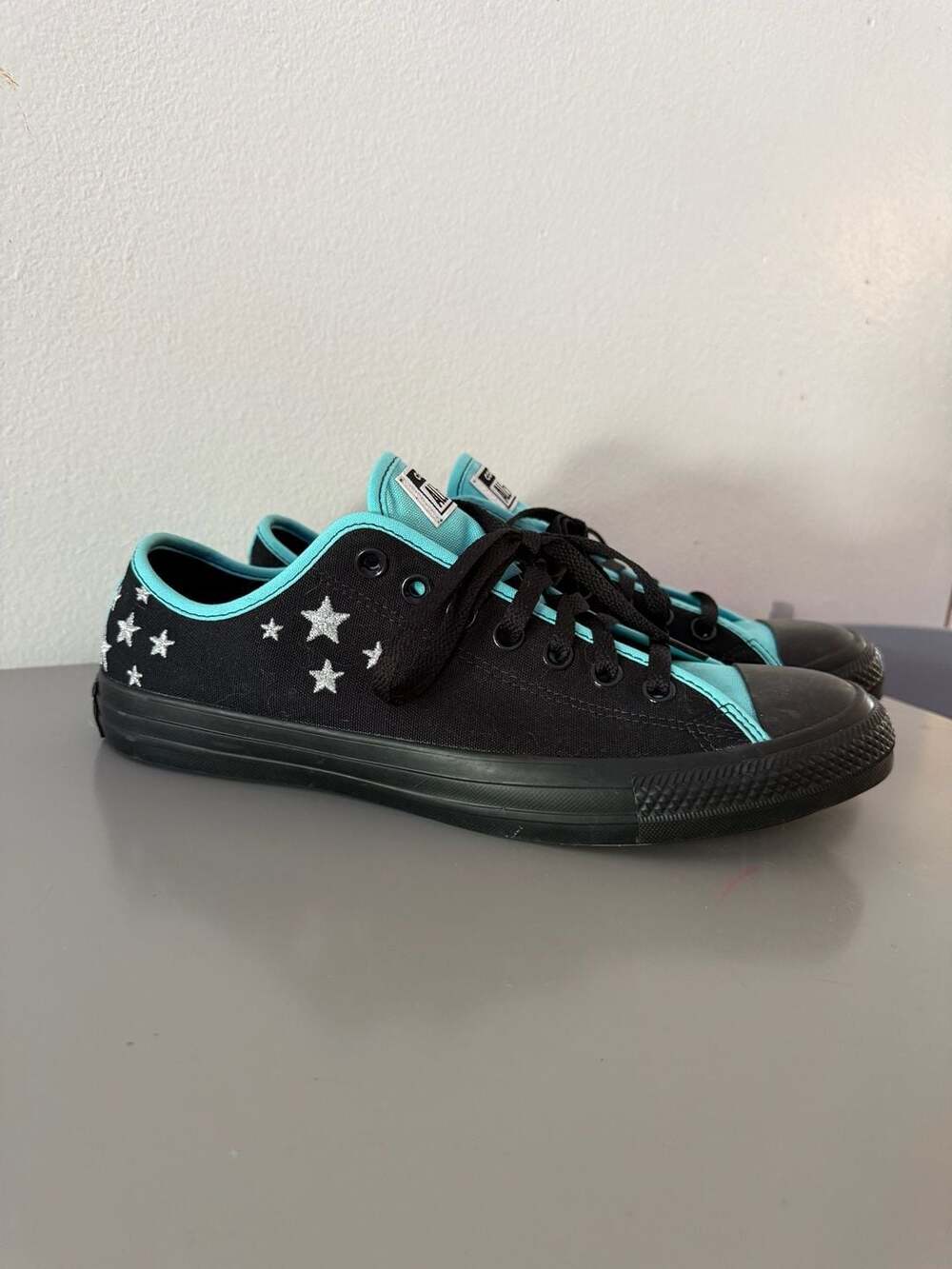 NEW CUSTOM Converse Chuck Taylor All Star Low Top Black/Aqua Star Graphic 7.5 9.